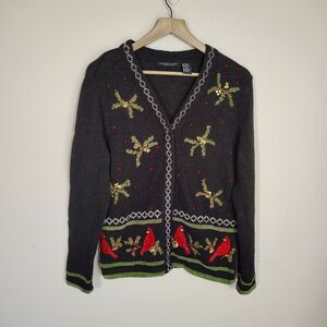 Christmas Cardigan Sweater Cardinals Holly Embroidered Holiday Birds Sz Small